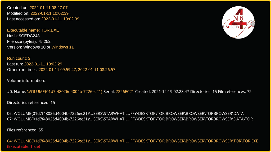 processing tor exe 3d8aa4a9 pf created on 2023 01 15 094139 modified on 2023 01 15 094403 last accessed on 2023 01 15 094530 executable name tor exe hash 3d8aa4a9 file size bytes 78 084 version windows 10 or w 4 