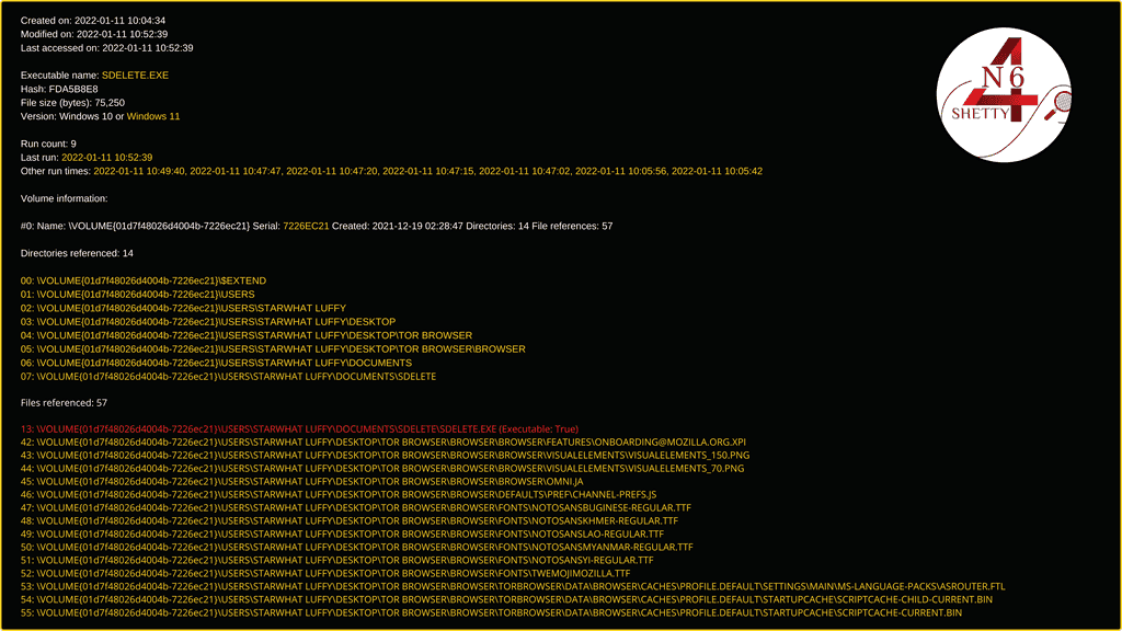 processing tor exe 3d8aa4a9 pf created on 2023 01 15 094139 modified on 2023 01 15 094403 last accessed on 2023 01 15 094530 executable name tor exe hash 3d8aa4a9 file size bytes 78 084 version windows 10 or w 5 